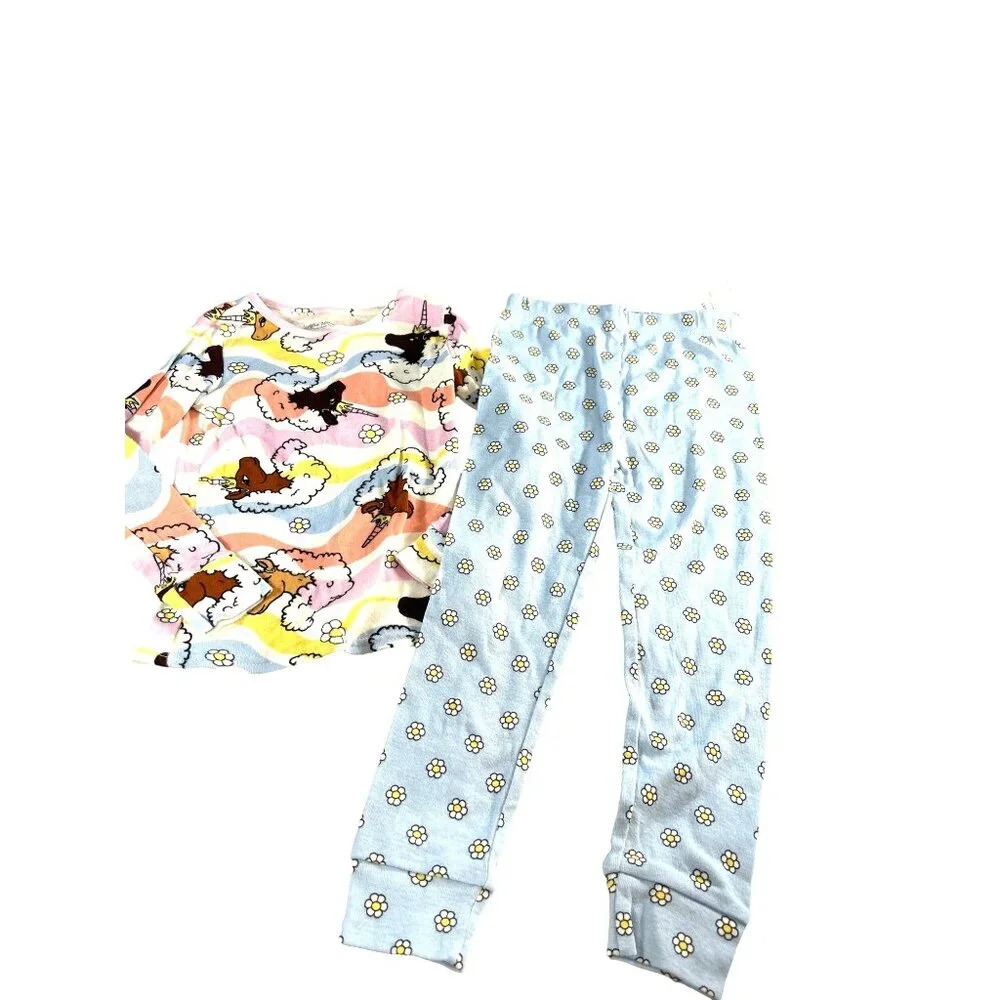 Afro Unicorn Toddler Girls Pajamas 2 PC Set Blue Multi Unicorns Size 4 NWT